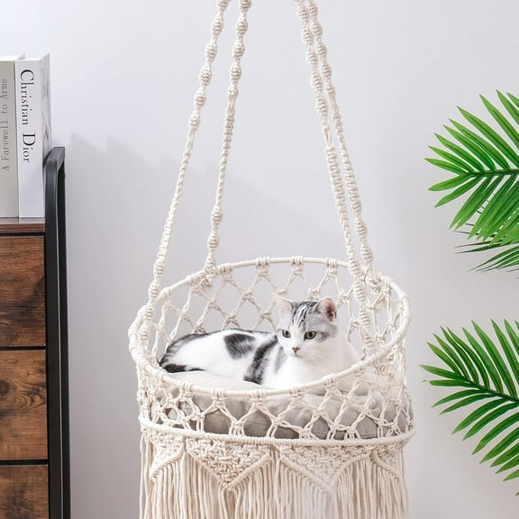TJOUL Macrame Cat Hammock, Hanging Indoor Cat Bed for Sleeping, Playing, Climbing, and Lounging (Beige)