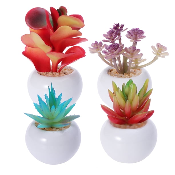 4 mini suculentas artificiales decorativas con macetas blancas (multicolor)