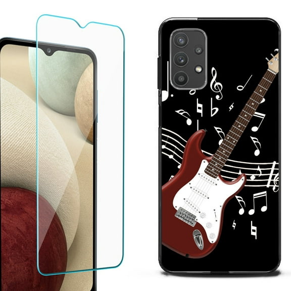 Slim-Fit Flexible TPU Gel Phone Case (black) for Samsung Galaxy A32 5G, with Tempered Glass Screen Protector, by OneToughShield ® - Guitar Red