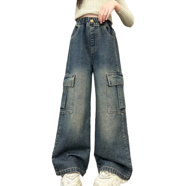 Girls' Casual Straight-Cut Loose Wide-Leg Workwear Jeans Pants for Spring and Fall