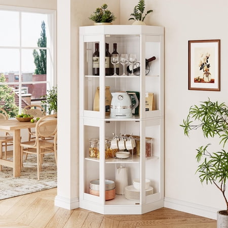 Tall Corner Storage Cabinet With Glass Doors Freestanding Corner Display Hutch Cupboard With Shelves And Top Guard Rail For Dining Living Room Kitchen Bathroom Farmhouse Style White 1 Pack