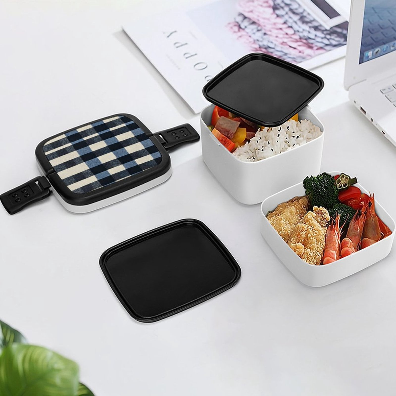 5.3×4.3in Double-Layer Bento Box Sealing Leakproof Partition Design Buckle Design Convenient Switch With Handle SlateBlue Buffalo Plaid Check Tartan Scotland_1