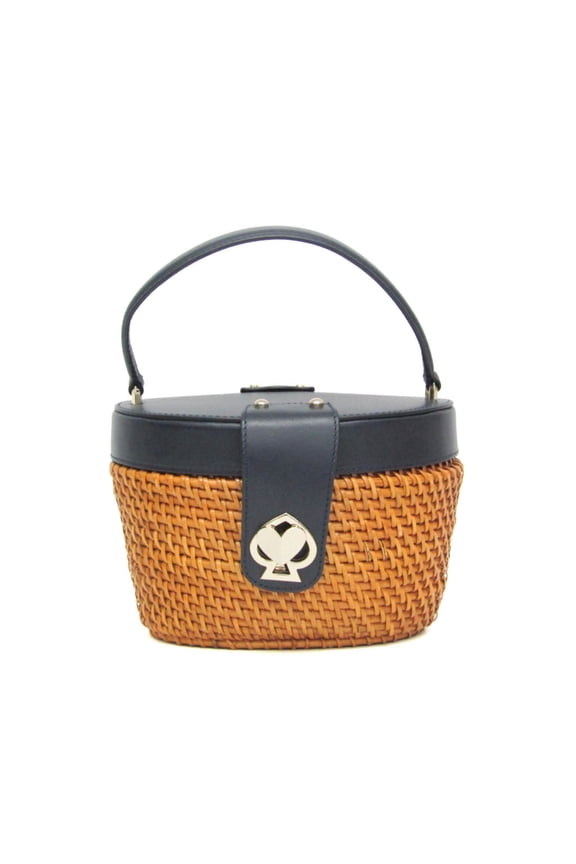 Pre-Owned Kate Spade Basket Bag PXRUA290 Women's Rattan,Leather Handbag Light Brown,Navy