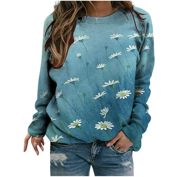 WXLWZYWL Trendy Sweatshirts For Women 2023 Women Classic And Winter Floral Print Crewneck Long Sleeve Loose Sweatshirt Tops