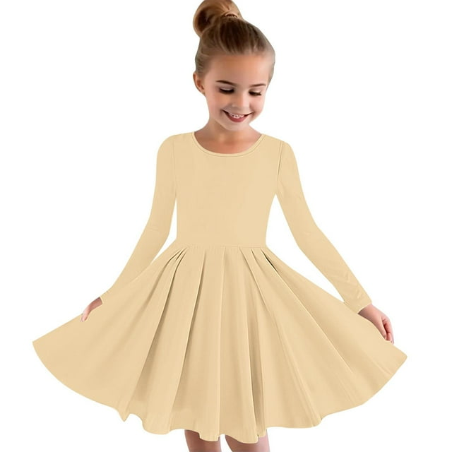 Zwiiyzr 2025 Robes à Manches Longues pour Filles 4-14 Ans Robe Décontractée Couleur Unie Ligne A pour Tout-Petits École Récital Robe Beige