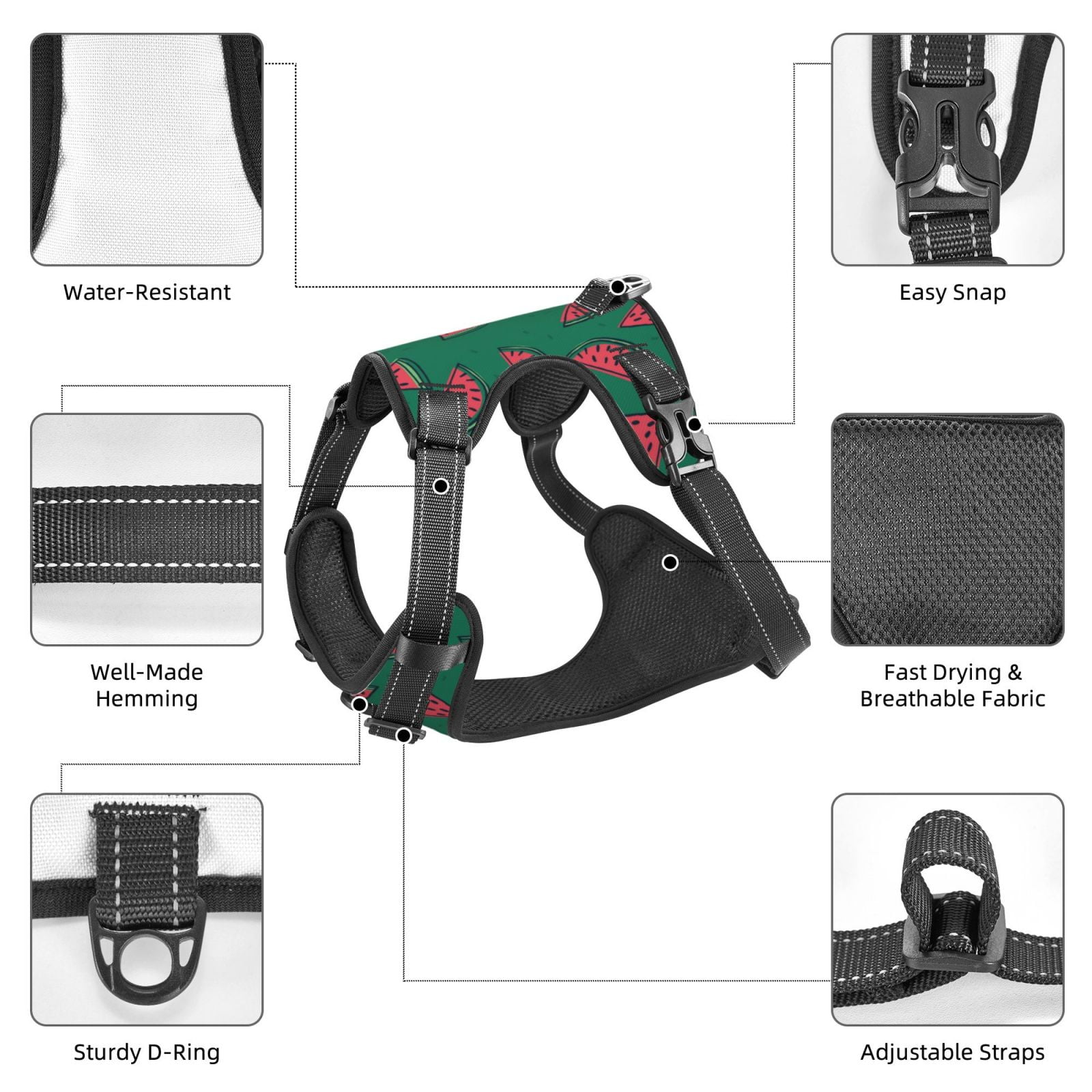 Kdxio Watermelon Print No Pull Dog Harness Adjustable Reflective Oxford Easy Control Medium Large Dog Harness for Training and Everyday-Small