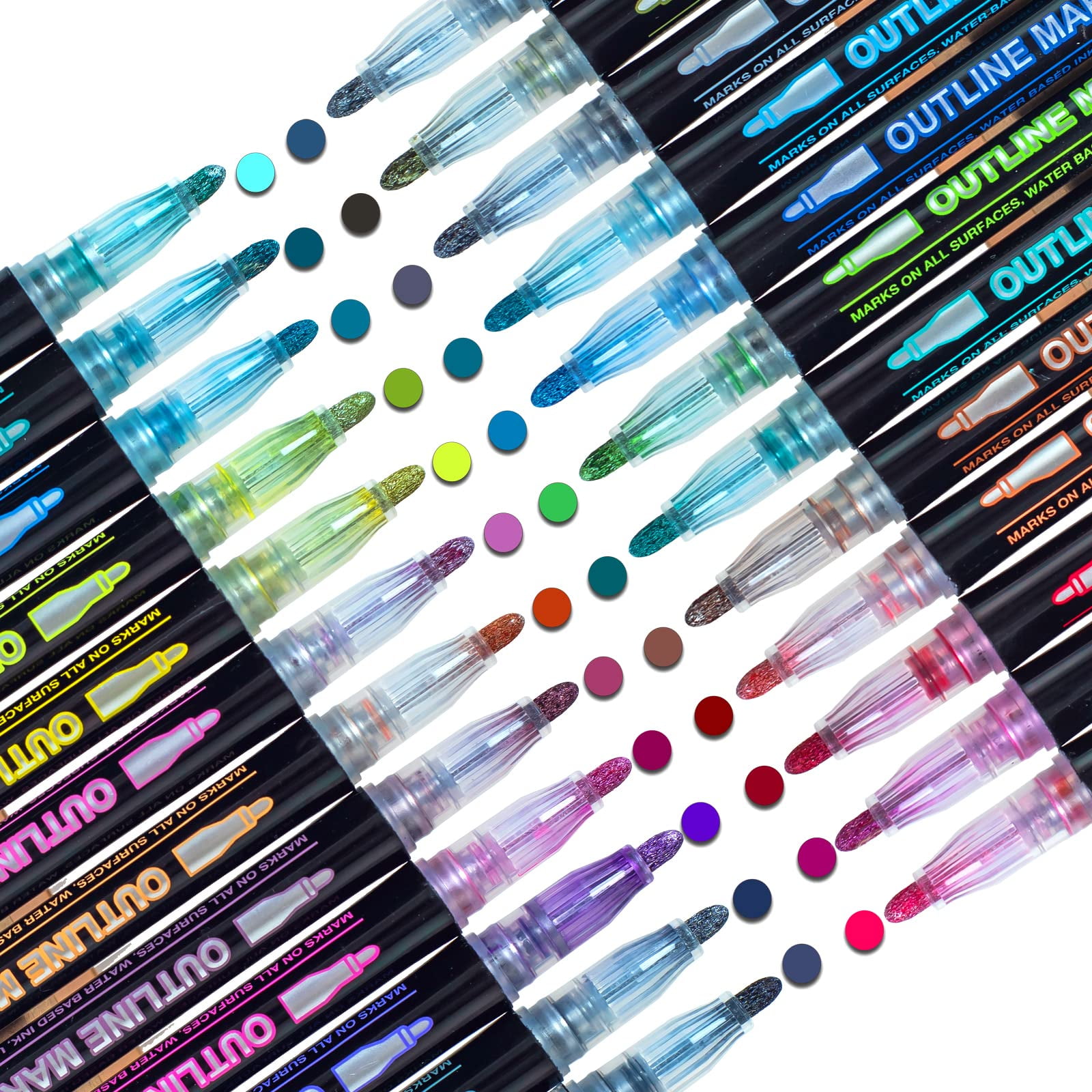 Double Line Outline Pens, 20 Glitter Colors Self Outline Metallic Markers,  Super Squiggles Shimmer Markers Set for Metal, Wood, Ceramic, Glass, Kid  Journal,Gift Card,White Paper 