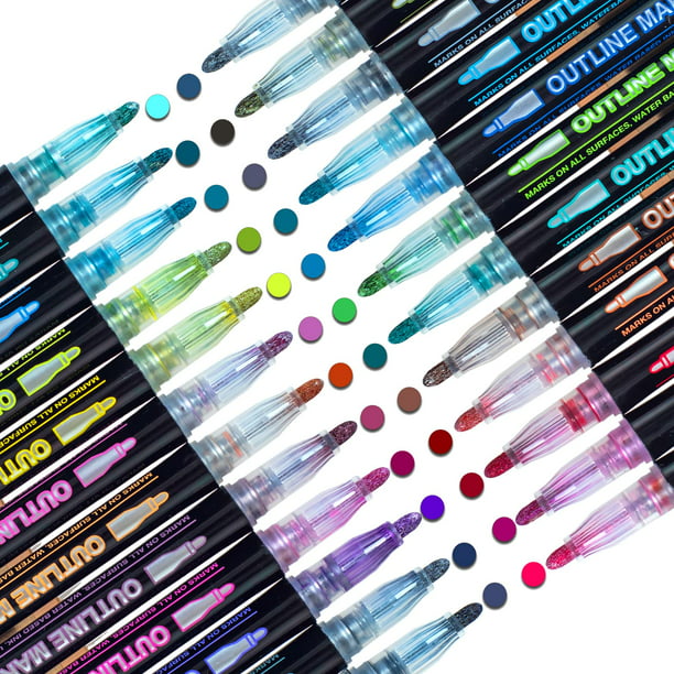 12 Colors Double Line Metallic Pen Set Shimmer Outline Markers, Sparkle ...