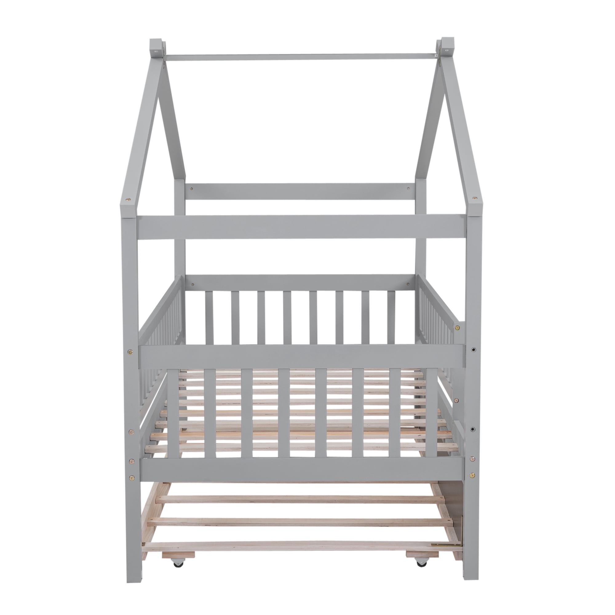 Euroco Twin Size House Bed with Trundle, Canopy Low Profile Bed for Kids, Gray