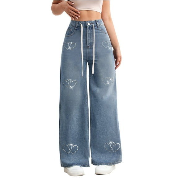 lulshou Lounge Pants Women Casual Denim Pants with Pockets, Relaxed Fit Comfortable Straight Leg Jeans for Everyday Wear, Blue, M