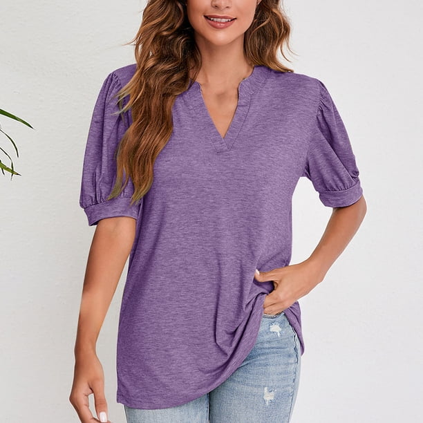 Fiudx Ofertas de La Semana Camiseta Holgada de Manga Sólida con Cuello En V para Mujer, Top/Camisa de Manga Corta con Cuello En V