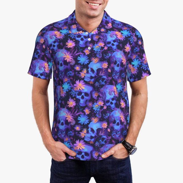Balery Skull daisy purple Camisa Polo de Hombre con Estampado, de Manga Corta y Tejido Medio, Camisa Tipo Golf Polo-Small