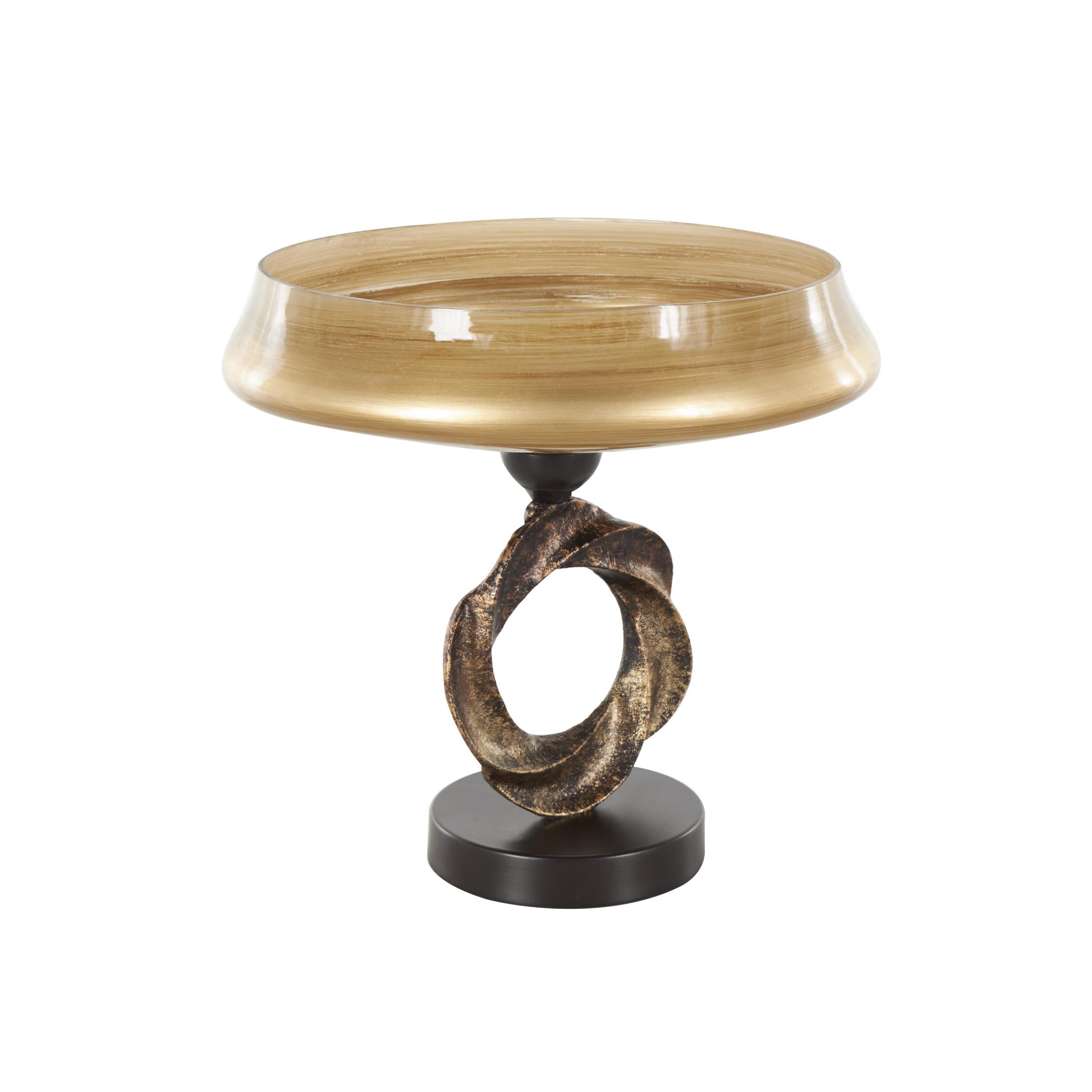DecMode 12" Round Wide Brushed Brown Glass Decorative Bowl with Textured Bronze and Black Ring Base