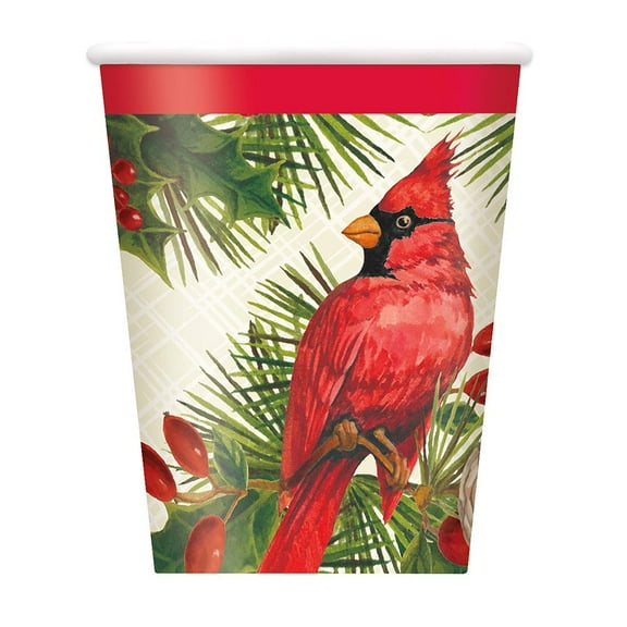 Disposable Paper Cups - 9 Oz | Red Cardinal Christmas | 8 Pcs