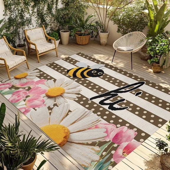 Spring Bees Daisy Outdoor Rug for Patio/Deck/Porch, Non-Slip Large Area Rug 3 x 5 Ft, Rustic Tulips Dots Brown Striped Burlap Indoor Outdoor Rugs Washable Area Rugs, Camping Rug Carpet Runner