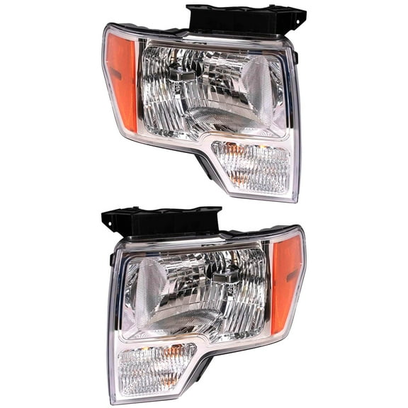 Headlight Assembly Left Driver Side and Right Passenger Side For 2011-2014 Ford F-150 Halogen H13 Clear Lens Chrome Housing OEM DL3Z-13008-A DL3Z-13008-B XL XLT Lariat