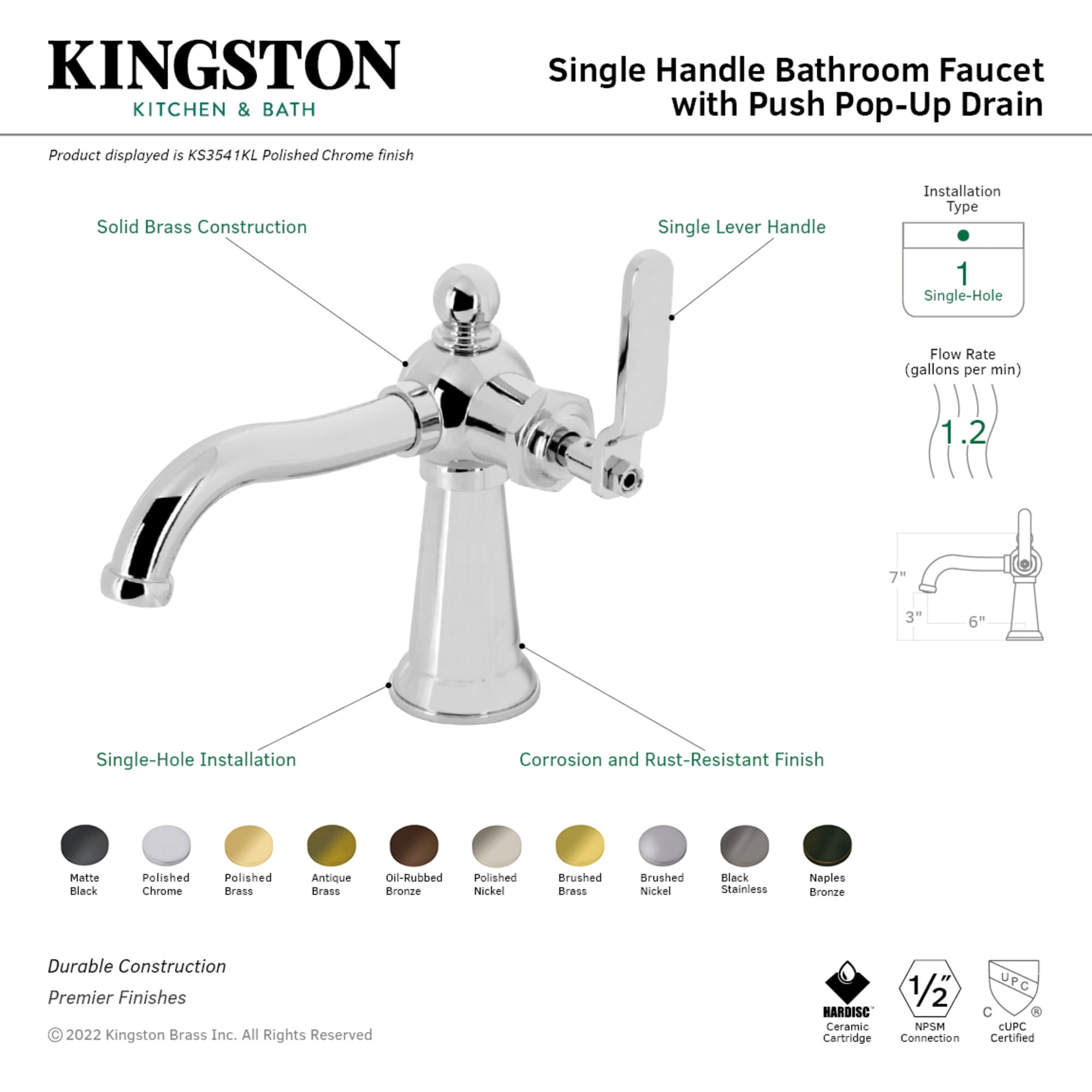 Kingston Brass KS3547KL Knight One-Handle Single-Hole Bathroom Faucet with Push Pop-Up Drain, Brushed Brass