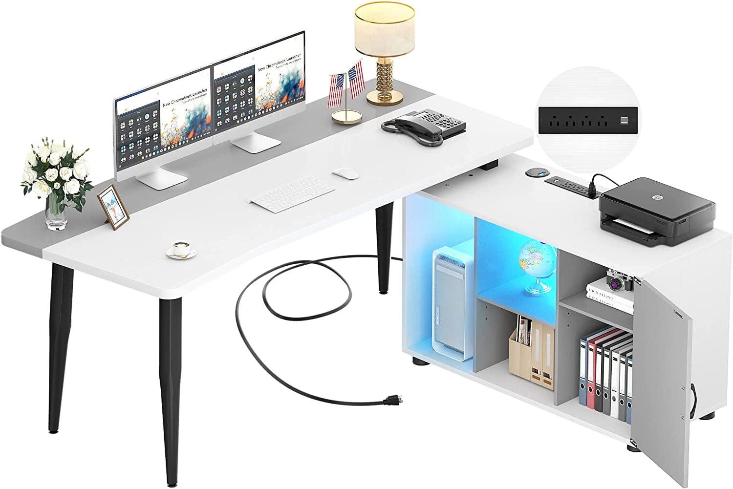 Homieasy L Shaped Desk with USB Charging Port and LED Light, 55 Inch