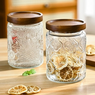 Tile Pattern Embossed Glass Airtight Jars with Wooden Lid