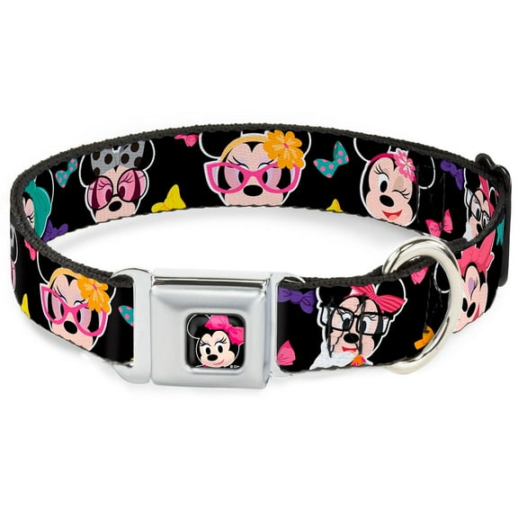 Disney Pet Collar, Dog Collar Metal Seatbelt Buckle, Mini Minnie Expressions Bows Black Multi Color, 9.5 to 13 Inches 1.0 Inch Wide