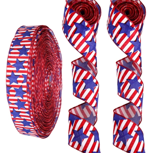 2 Piezas Cinta Patriótica 4 de Julio Estrellas y Rayas Cinta de Borde con Alambre de Arpillera Cinta Decorativa Roja Blanca Azul para Envolver Regalos del Día de la Independencia Corona de Bricolaje