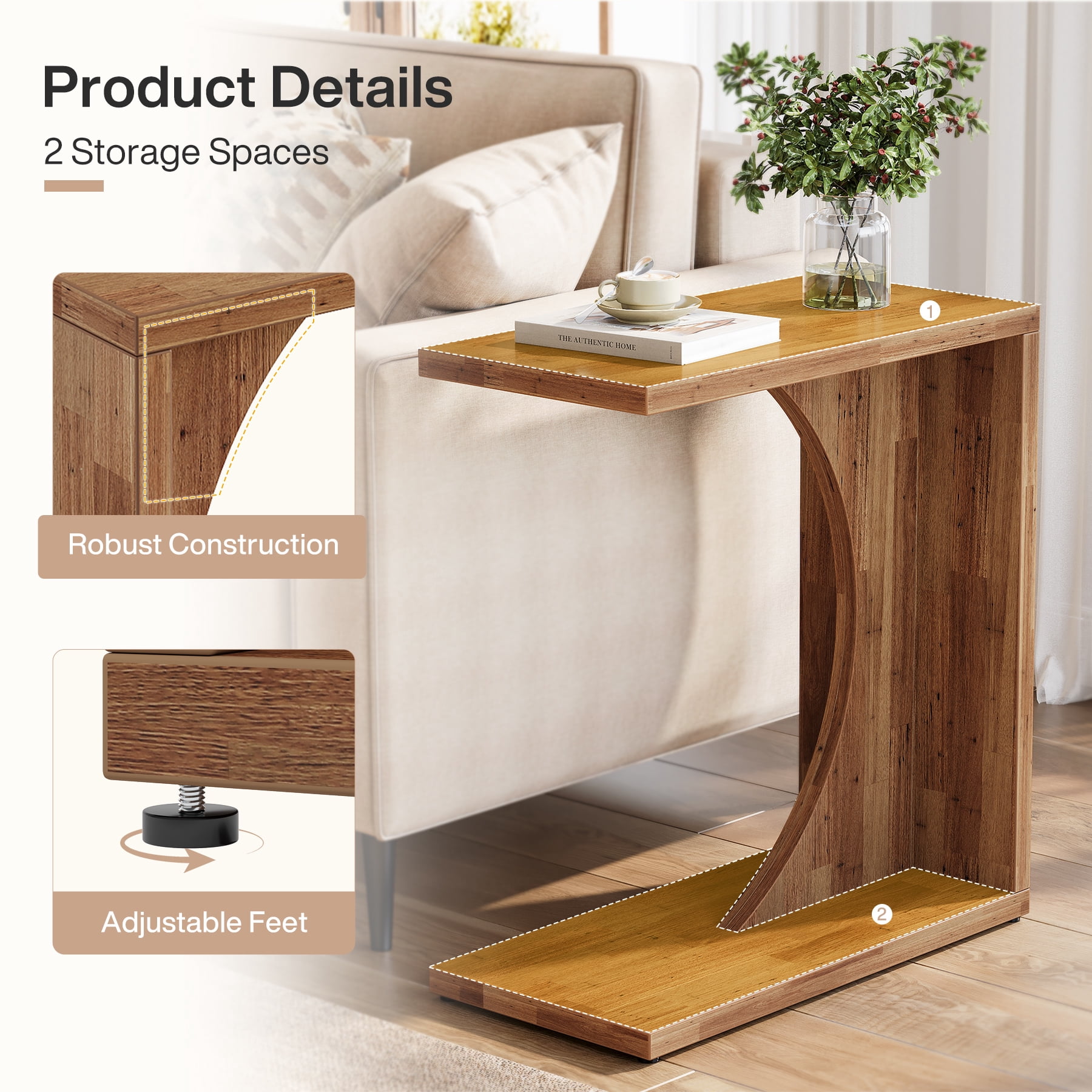 Fnova End Table Farmhouse C-shaped Side Table, Narrow Wooden Sofa Table with Space-Saving Design, Modern Bedside Table, Easy Assembly, Corner Table for Living Room, Bedroom, Nightstand, Brown