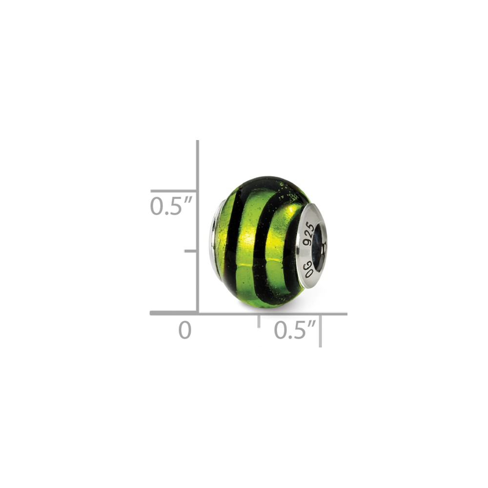 Fancy Bead White Sterling Silver Glass 15.45 mm 10.91 Reflections Green Black Italian Murano Bead