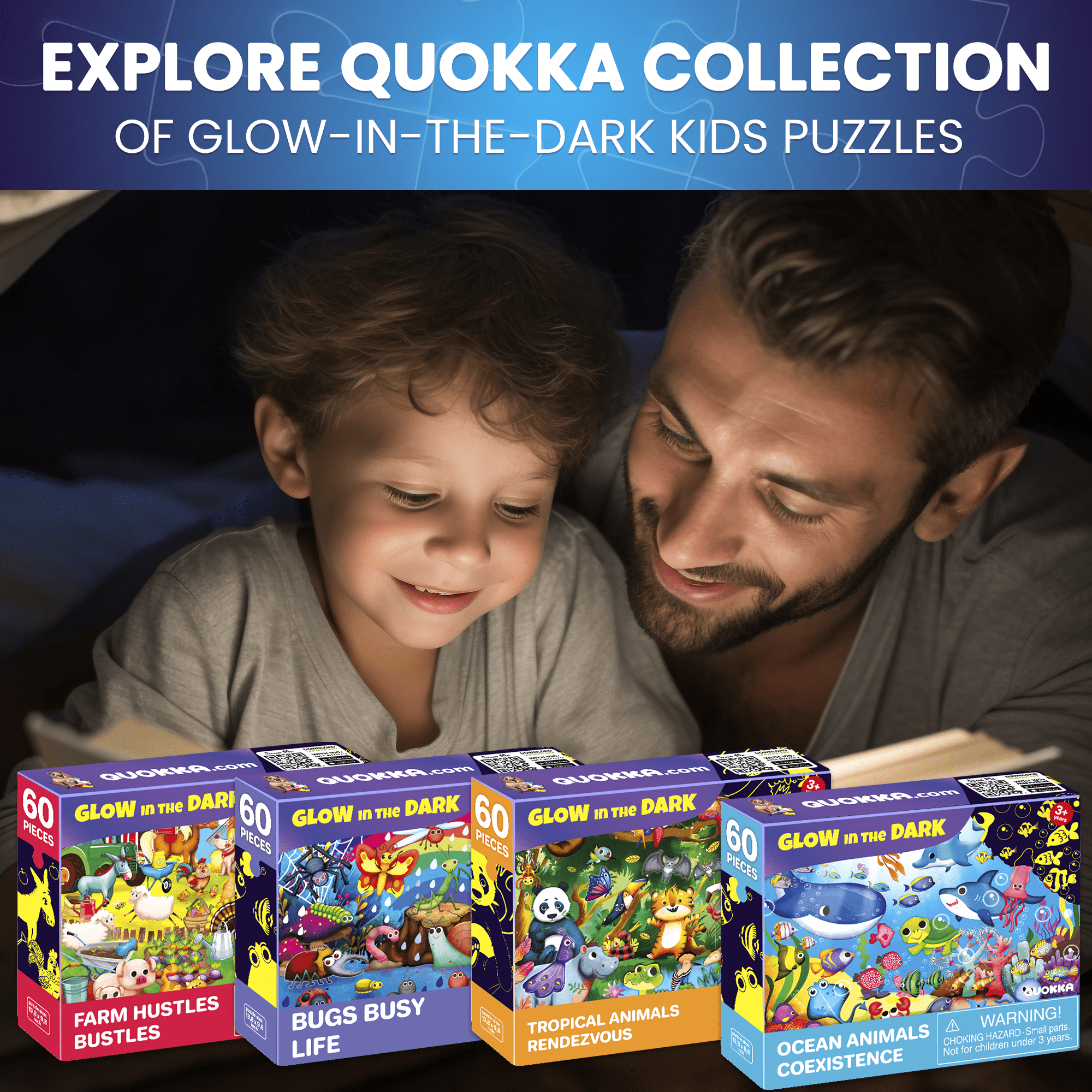 Quokka Glow-in-the-Dark Jigsaw Puzzles 4 Set – 60-Piece Puzzle for Kids Ages 3+, Bugs & Animals
