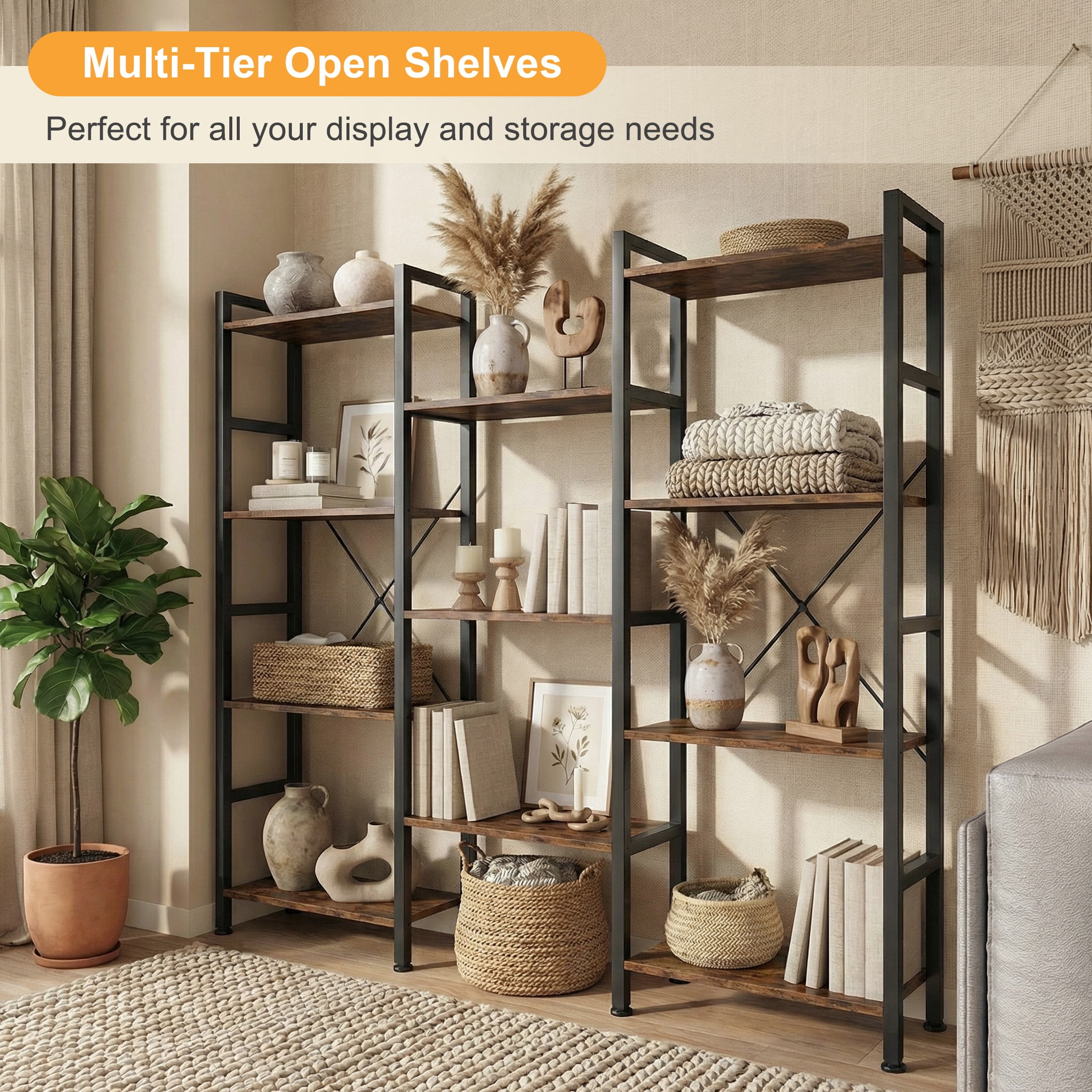 EDX Triple 4 Tier Bookshelf Storage Shelf, Modern Freestanding Bookcase with Metal Frame, Open Display Shelves, Space Saving Storage Organizer, Rustic Brown