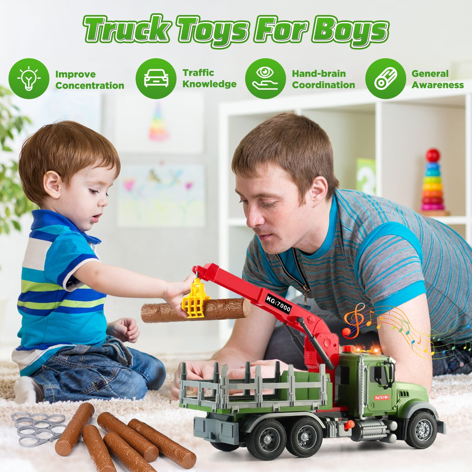 Huge Wave 15" Large Truck Toy for Boys, Kids Tow Truck Toys, with Loading Crane and 6 Timber, Lights and Sounds Christmas Birthday Gifts for 3-9 Year Toddler