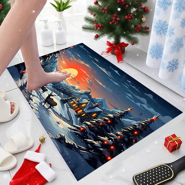 Christmas Holiday Door Mat Non-Slip Absorbent for Indoor Outdoor Use Dirt Proof Easy Clean Decorative Rug