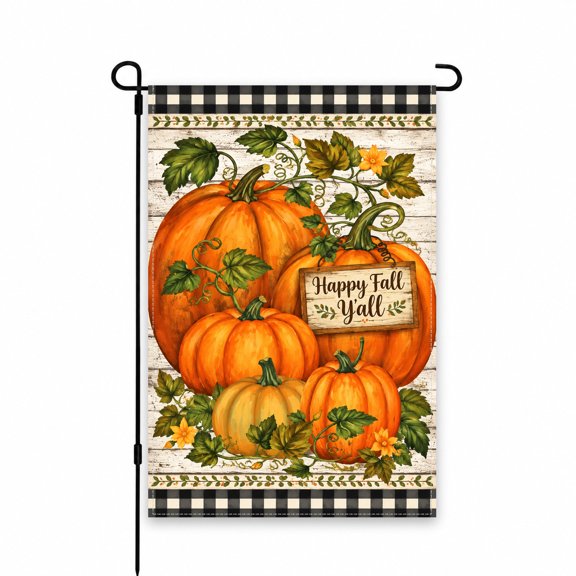 Garden Flag Autumn Pumpkins Design - 12 x 18 Inch - Happy Fall Y'all Outdoor Decor for Yard, Lawn, Patio or Porch Display - Seasonal Harvest Theme