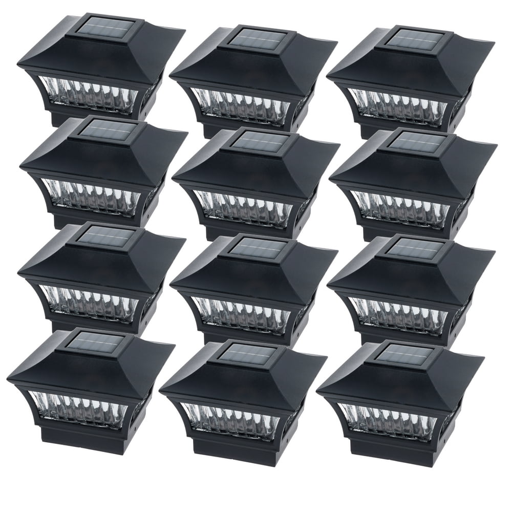 Upgraded Nano PVC Material Will NOT MELT 6-Pack Solar Black Semi Gloss Textured Finish Post Deck Fence Cap Lights for 6 X 6 Vinyl/PVC or Wood Posts with White LEDs and Vertical-Lined Clear Lens
