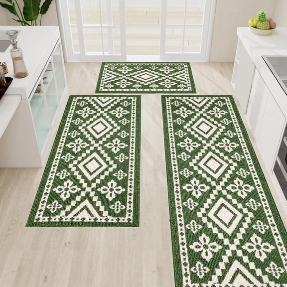 Farmhouse Kitchen Rugs Sets of 3 Non Slip Kitchen Mats for Floor, Washable Boho Kitchen Rug, Absorbent Resists Dirt Kitchen Floor Mat for Sink, Runner, Hallways (Green, 20"x59" 20"x48" 20"x32")