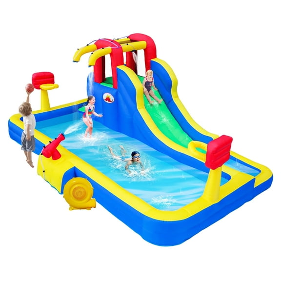 WELLFUNTIME Inflatable Water Park with Blower, Kids Bounce House with Slide, Large Splash Pool for Backyard