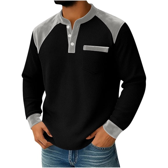 Long Sleeve Waffle Shirts for Men Quarter Button V Neck Sweatshirt Velvet Patchwork Lightweight Golf Pullover Sweater Blouse Black S
