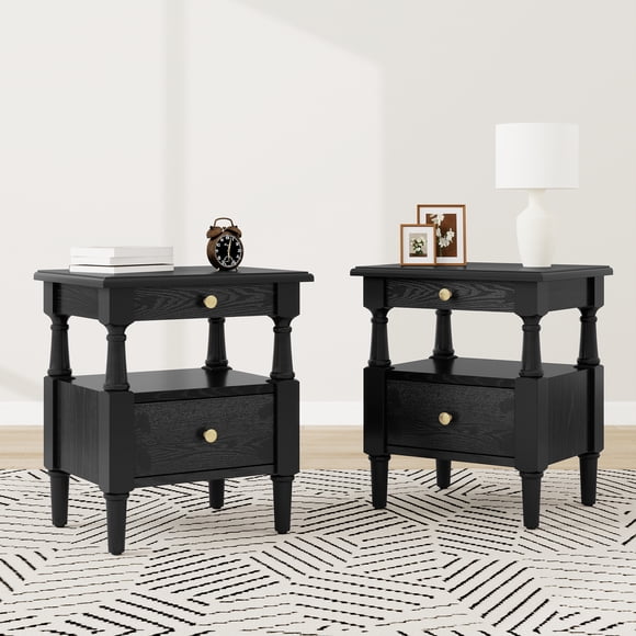 DAJU Black Nightstand Set of 2 With Drawers Wooden Bedroom Night Stands Bedside Table With Non-Slip Feet,Sofa Accent End Tables For Small Spaces Living Room Bedroom