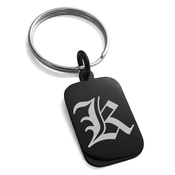 Stainless Steel Letter K Initial Old English Monogram Engraved Small Rectangle Dog Tag Charm Keychain Keyring