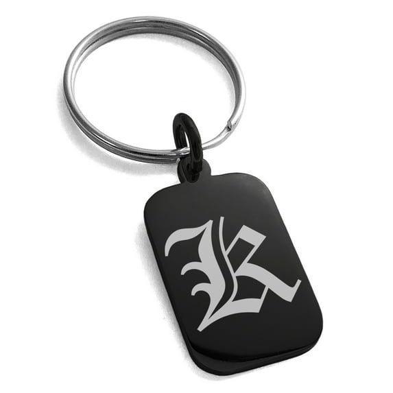 Stainless Steel Letter K Initial Old English Monogram Engraved Small Rectangle Dog Tag Charm Keychain Keyring