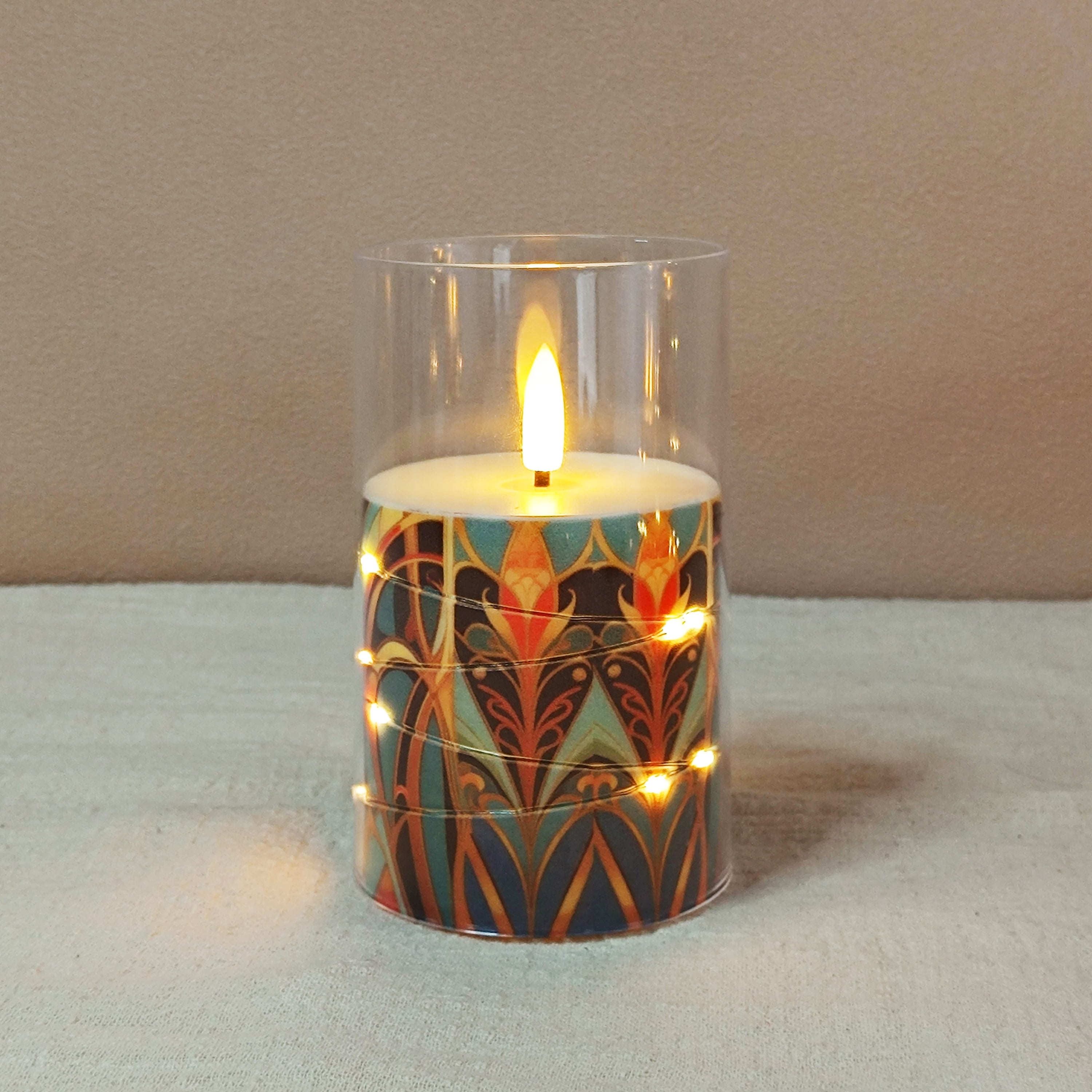 Flameless Candles with String Lights LED Candle Battery Operated Candles with Remote Control,Printed Pillar LED Candles for Wedding Holiday Party Table Home Decorations,Set of 3