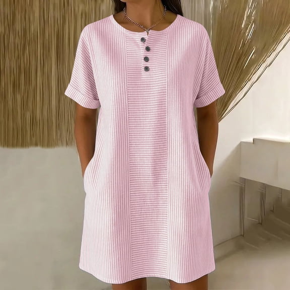 Guieoi Summer Dresses for Women Plus Size Striped Print Casual Waist-Tied Button-Down Loose-Fit Straight-Cut Dresses with Pockets Pink M