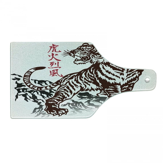 Tattoo Cutting Board, Wild Chinese Tiger with Stripes and Roaring While Its Paws on Rock Pattern, Decorative Tempered Glass Cutting and Serving Board, Wine Bottle Shape, Brown White, by Ambesonne