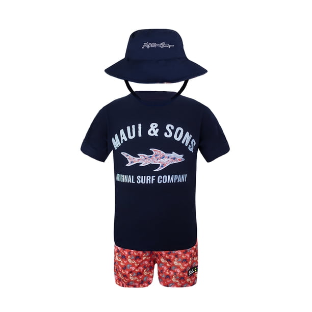 CONJUNTO 3PZS PARA BEBO TRAJE DE BAÑO, PLAYERA Y SOMBRERO REVERSIBLE MAUI AND SONS 134859