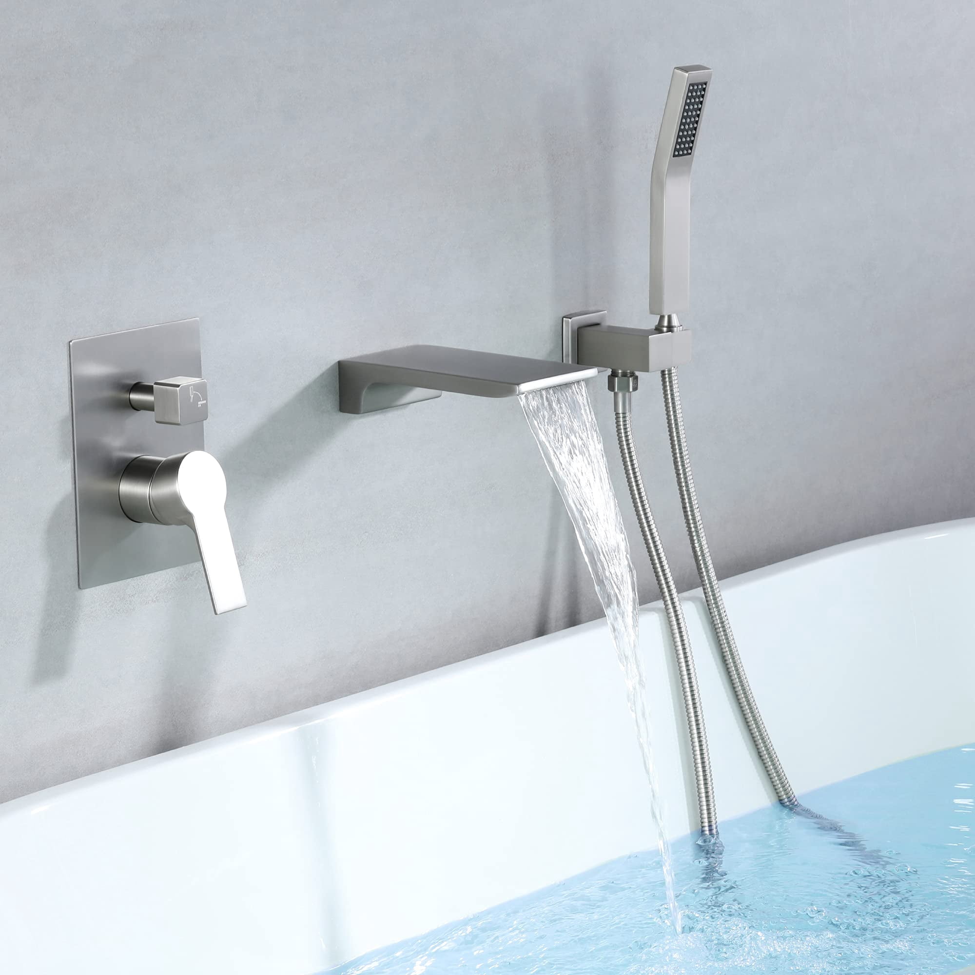 Waterfall Wall Mounted Bathtub Faucet With Hand Shower Brushed Nickel