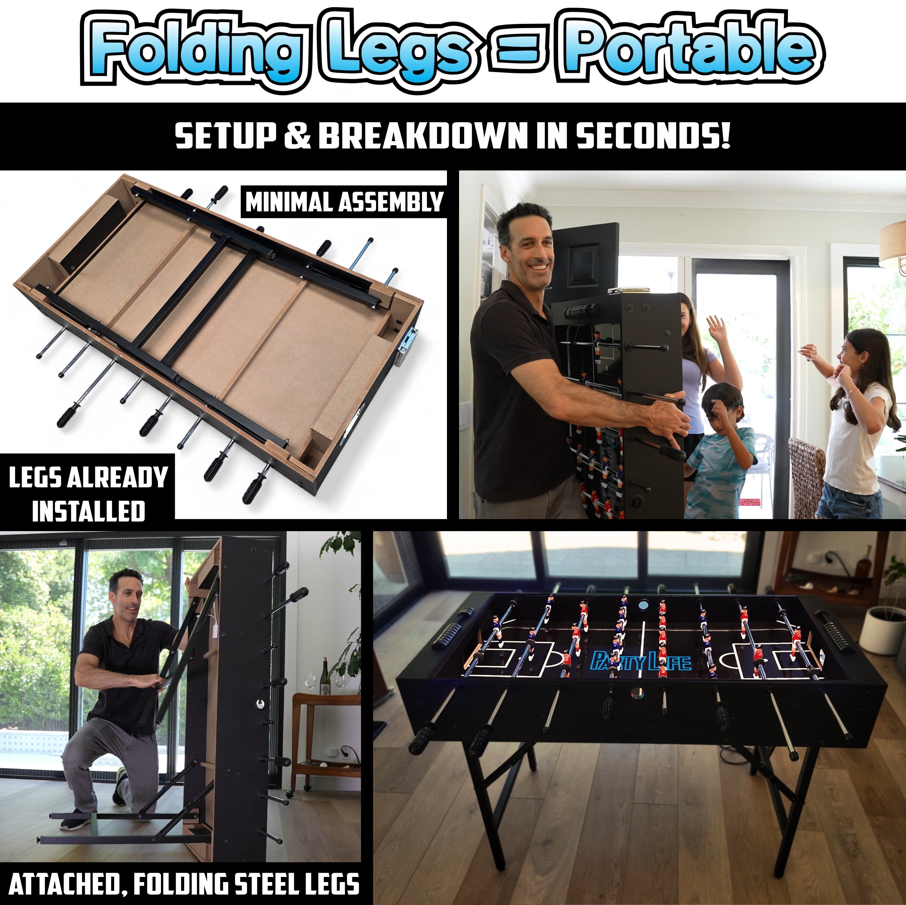 PartyLife 48" Foosball Table w/ Folding Steel Legs | Minimal Assembly | High Quality, Smooth Surface, Very Sturdy - Perfect for Kids and Adults, Game Rooms & Home Arcade!