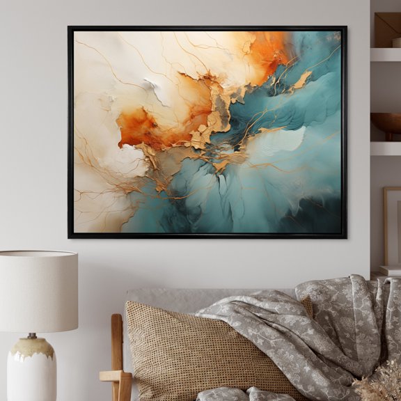 Designart "Blue Orange Bold Energy V" Abstract Collages Floater Framed Wall Art Living Room
