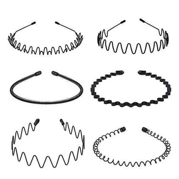 6PCS Metal Hair Bands, Spring Wavy Hoop Unisex Black Headband Slicked Back Non Slip Sports Hairband for Women Men… 6 pcs