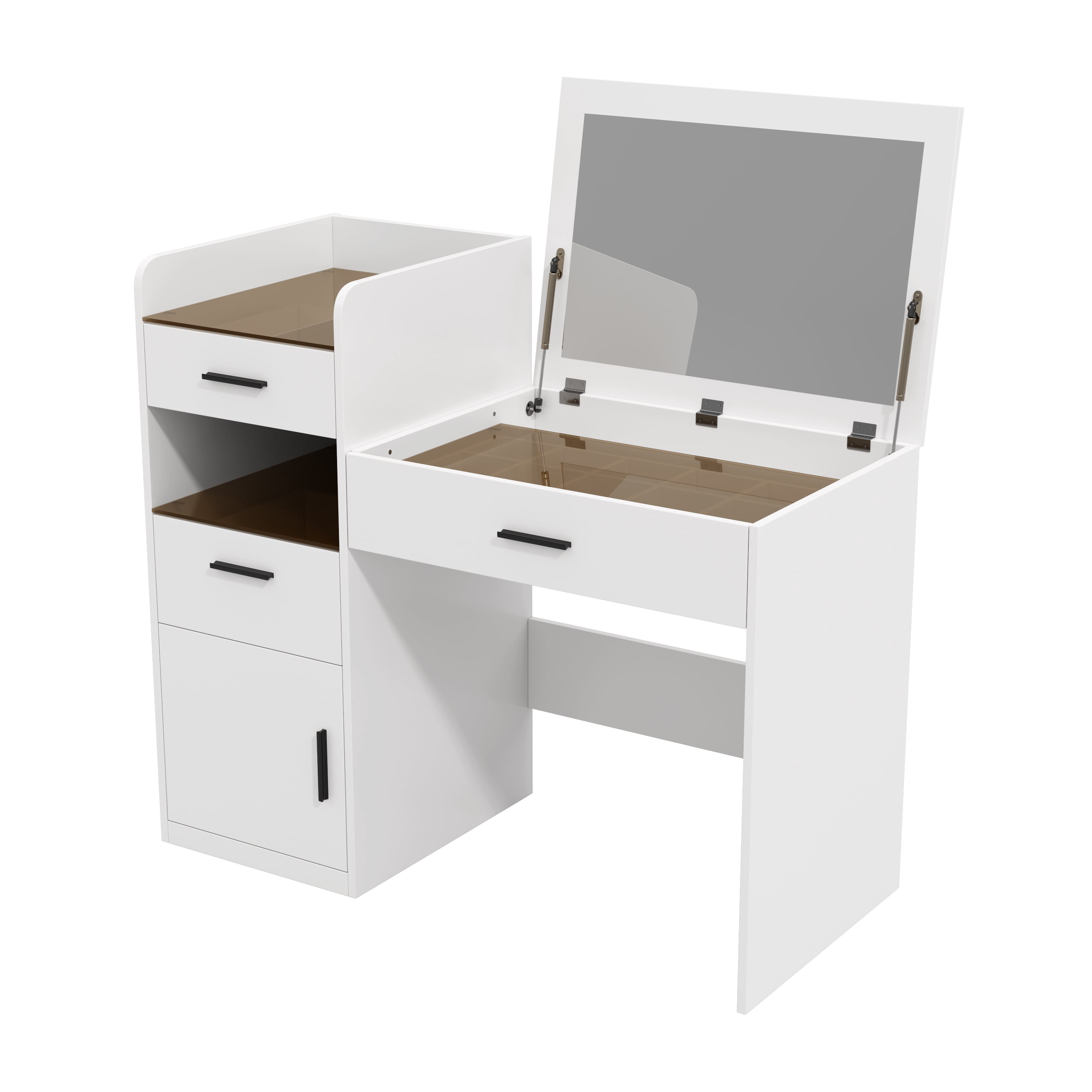 Euroco 3-in-1 Vanity Desk with Flip Top Mirror, Makeup Vanity with Glass Top, 3 Drawers & Hidden Storage,Space-Saving Dressing Table Set for Bedroom, White