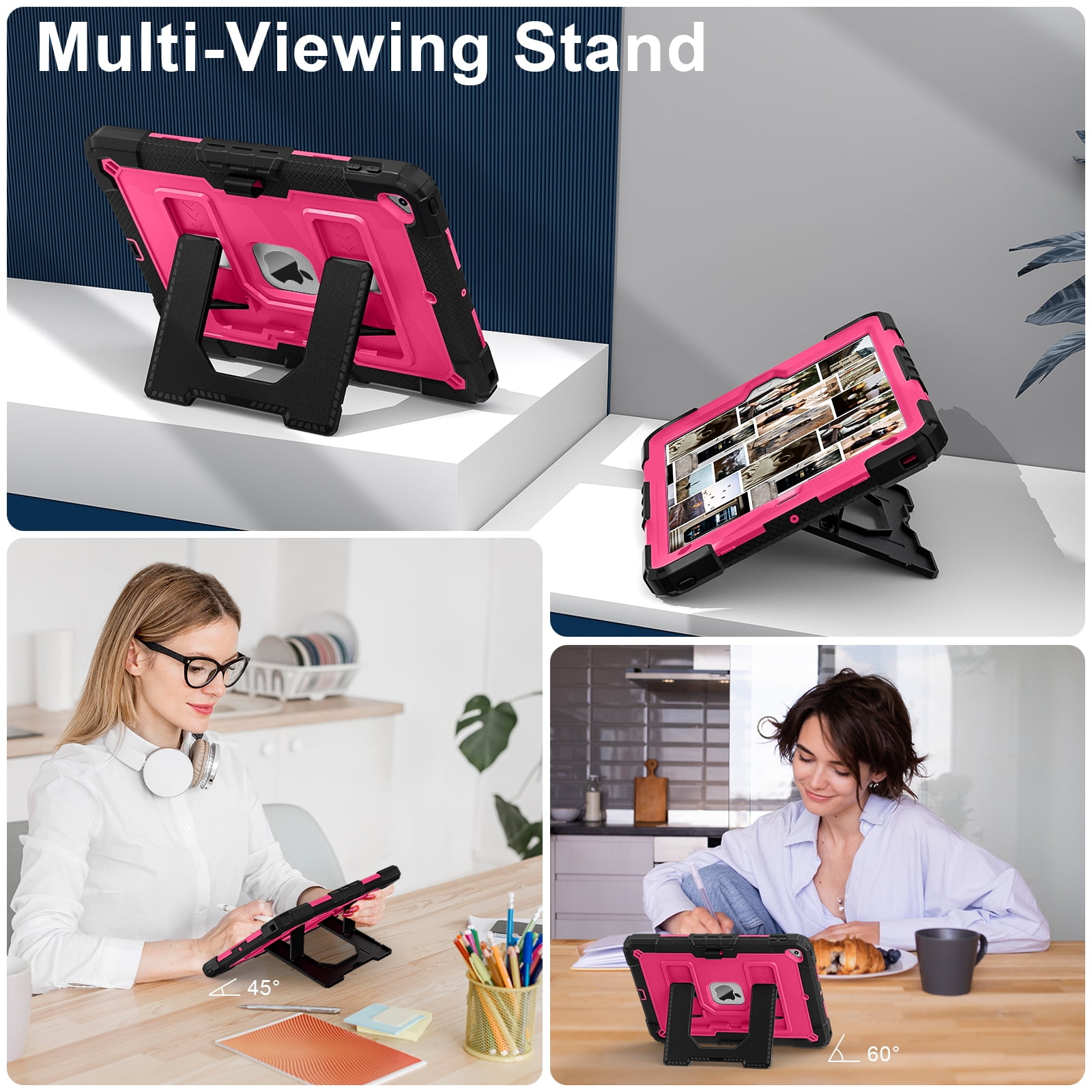 ELEHOLD 3-Layer Rugged Case For Apple iPad Mini 7th 6th Generation Heavy Duty Shockproof Cover, [Drop Protection], [Logo Visible], With Kickstand & Pencil Holder & Shoulder Strap, Black+Rose