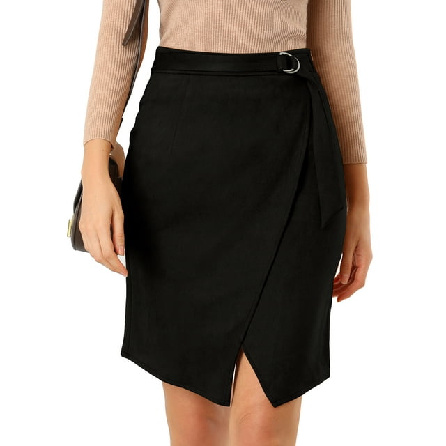 INSPIRE CHIC Women's A-Line Front Slit Knee Length Wrap Faux Suede Skirt
